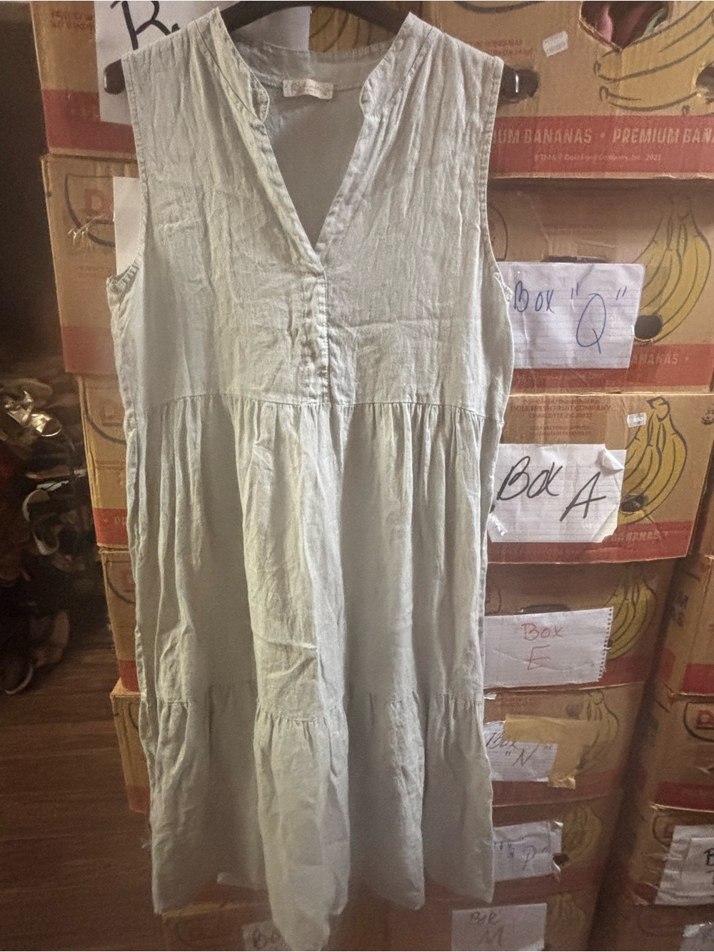 Bella made in Italy light sage gray ruffle maxi dress 100% linen M beachy flowy